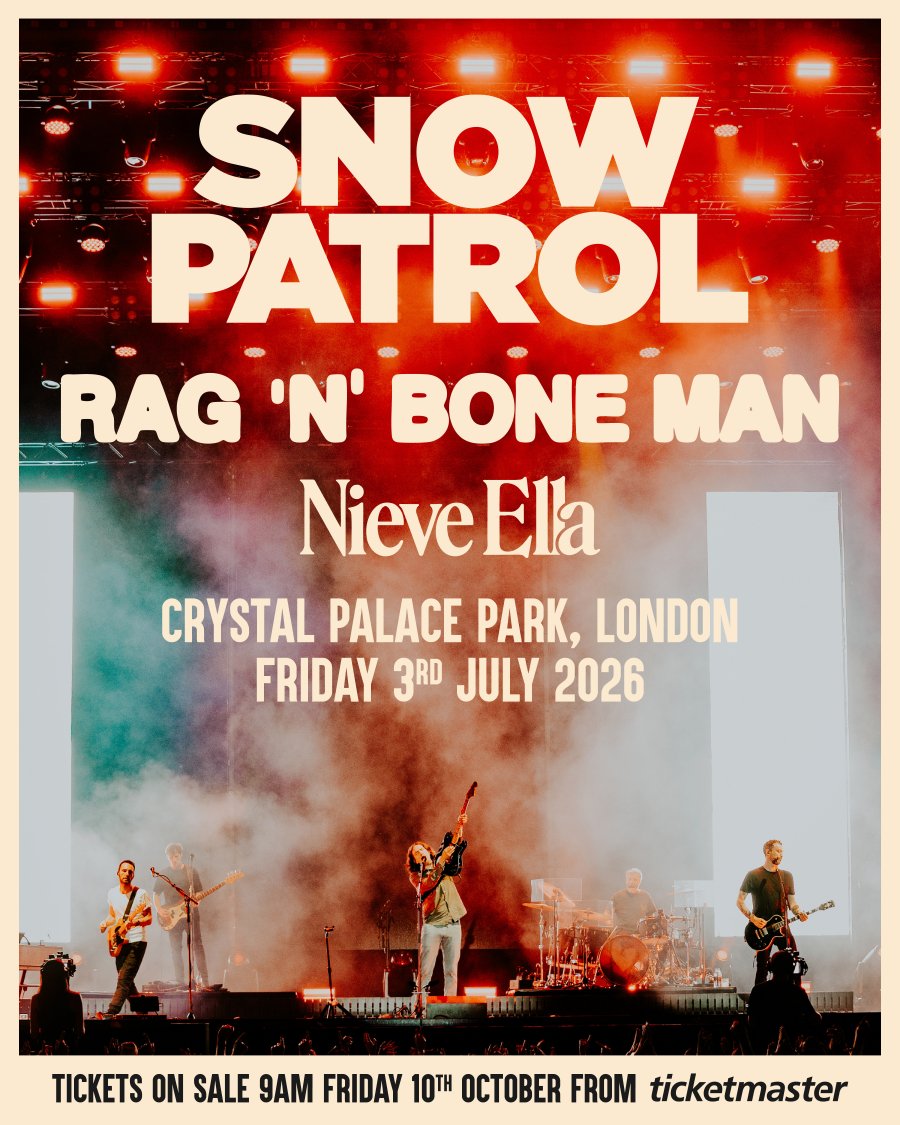 Snow Patrol poster for their show in Crystal Palace Park - sowing an image of the band on stage at a concert.
